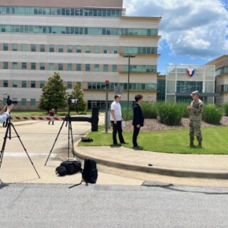 The KBS news team interviews Redstone Arsenal Senior Commander and Army Materiel Command's acting Commanding General in front of AMC headquarters on Redstone Arsenal. (Photo Credit: Lisa Simunaci)